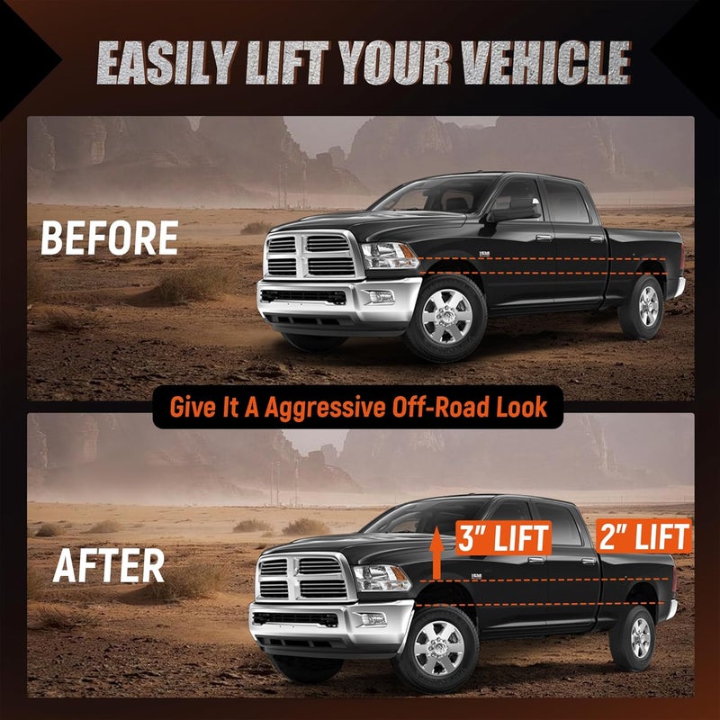 FlexHitch 3" Front + 2" Rear Leveling Lift Kits for 2009-2018 Ram 1500 4WD with 2-4" Rear Shock Extensions(2 pcs), 3 Inch Lift Front Strut Spacers and 2 Inch Rear Lift Spacer - Image 5